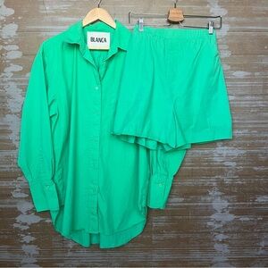Blanca Fleur Oversized Shirt and Short Set Green Basic Preppy Casual Womens M/L